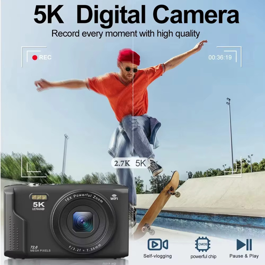 Ourlife 5K Digitalkamera mit 72MP, 2,8 Zoll LCD-Bildschirm, 16-fachem Digitalzoom und wiederaufladbarem Akku für Vintage-Fotografie und Vlogs in Pink oder Black - Bild 2