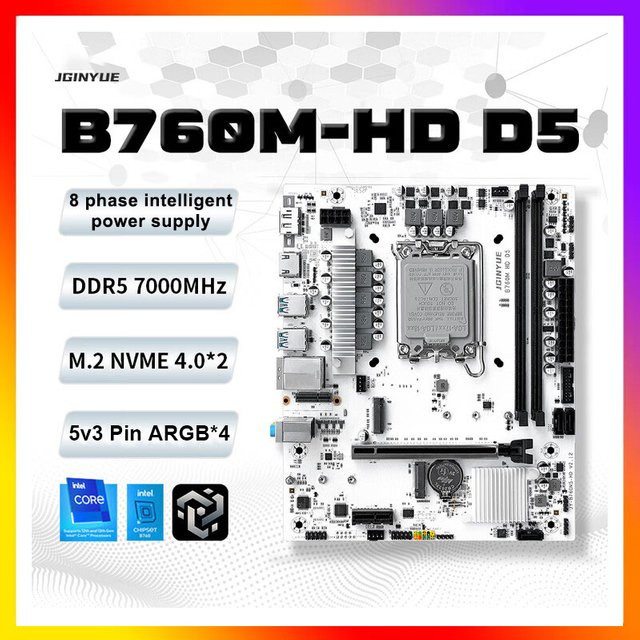 JGINYUE B760M-HD D5 Motherboard mit LGA1700 Sockel für Intel Core i3 i5 i7 i9 der 12. 13. und 14. Generation, unterstützt DDR5 und 2x M.2 NVMe sowie 3x SATA 3.0 - Bild 1