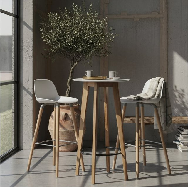 KADIMA DESIGN Stehtisch in Weiß, rund, Holzoptik, skandinavisches Design, B/T/H: 110 x 60 x 60 cm - Bild 1
