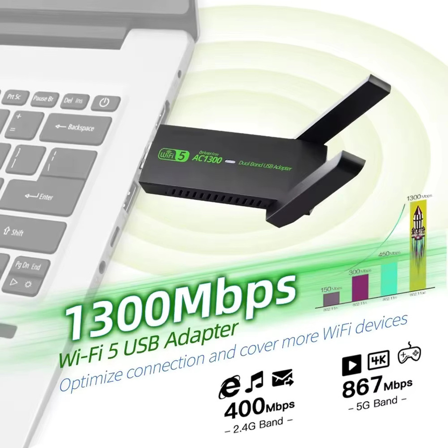 Dtvane WiFi-USB-Adapter Dualband 1300 Mbit/s 2,4 GHz/5 GHz WLAN-Dongle Schwarz - Bild 2