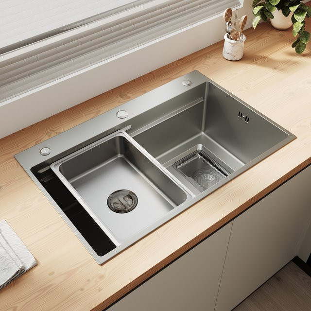 SONNI Küchenspüle aus 304 Edelstahl in Diamantschwarz, Einbauspüle mit 1 Becken, Wasserhahn, Abtropfkorb und Abflusssieb, B/T: 70 x 45 cm - Bild 1