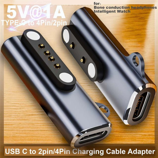 Magnetischer Ladeadapter USB-C auf 7,62 mm 2-Pin/4-Pin für Shokz Knochenleitungs-Kopfhörer und Smartwatches, Schwarz - Bild 1