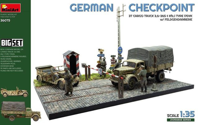 Miniart German Checkpoint, 3t Cargo Truck 3,6-36S & Kfz.1 Type 170VK w/ Feldgendarmerie, Fahrzeuge, 1:35, Set / Bundle - Bild 1