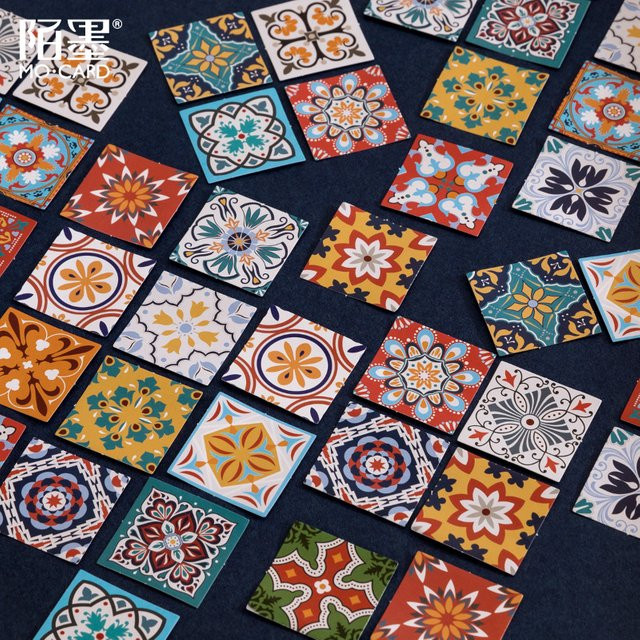 46 Blatt Retro-Blumenfliesen Sticker im exotischen Vintage-Stil, handgefertigte DIY-Dekoration mit ethnischen Motiven, Mehrfarbig - Bild 1