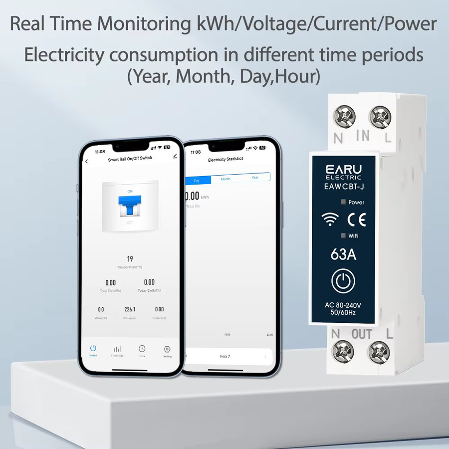EARU Tuya MCB WiFi Intelligenter Schutzschalter mit Energie-KWh-Spannungs-Strommessgerät und Zeitrelais in Weiß - Bild 3