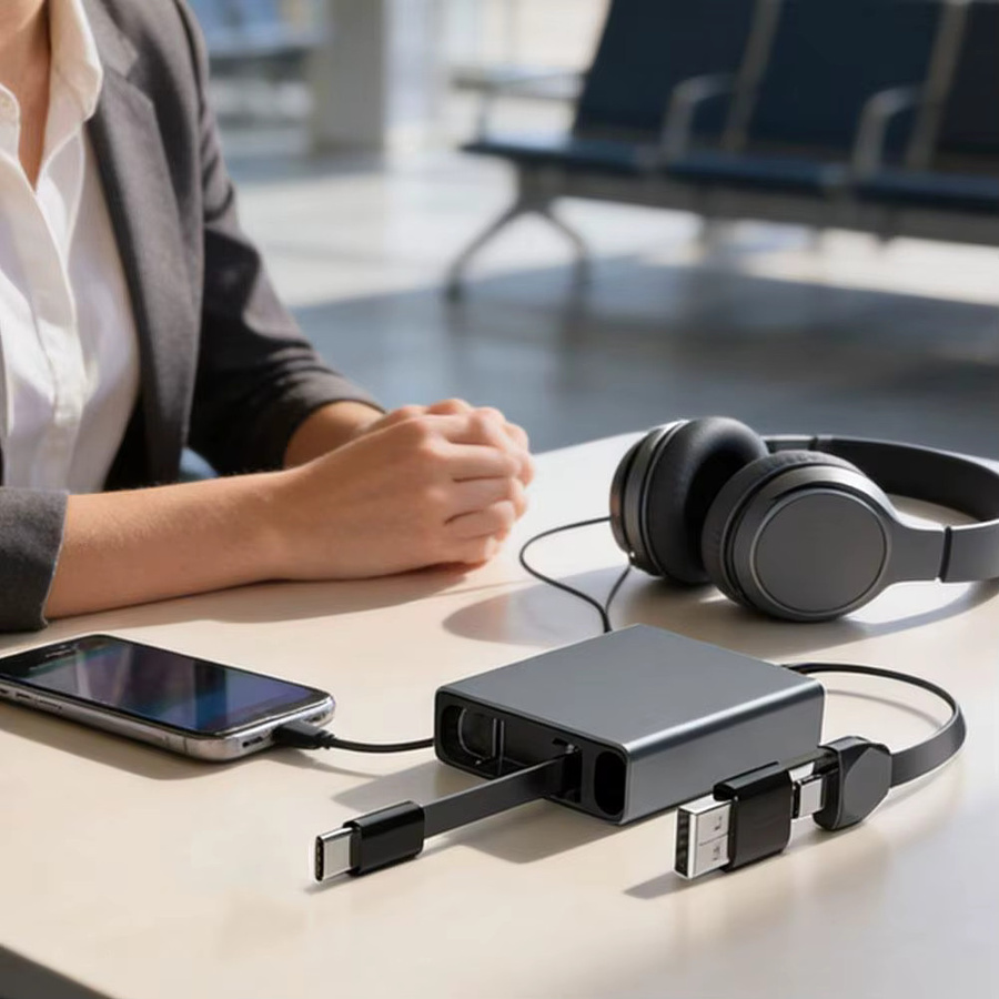 3-in-1 USB-C Datenkabel 60W einziehbares Multifunktions-Schnellladekabel für Mobilgeräte und Laptops in Grau - Bild 2