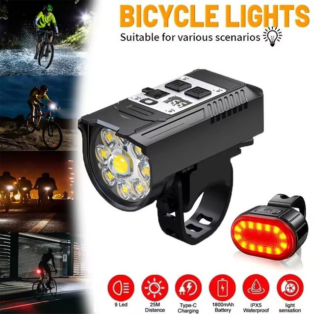 FANGTUOSI 9LED Fahrrad-Scheinwerfer in Schwarz, USB-aufladbare superhelle Lenkerbeleuchtung, wasserdichte Fahrradlampe für Outdoor-Einsätze - Bild 1