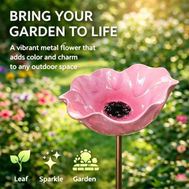 Gardenny Handgefertigter Metall-Gartenspieß mit Biene und Vogel-Tränke in Rosa - Bild 1