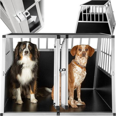 tectake Hundetransportbox Doppel aus Aluminium mit schräger Rückwand und Gittertür, Schwarz, B/T/H: 104 x 90,5 x 69 cm