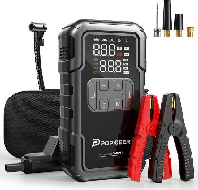 POPDEER PD-JA2 4000A Starthilfe mit 160PSI Luftkompressor, Benzin/Diesel Booster, Powerbank und Licht in Schwarz - Bild 1