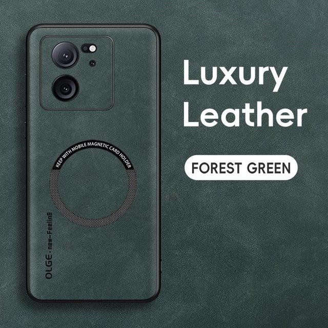 Xiaomi 13T 13T Pro Handyhülle aus Lammleder mit feiner Lochung und magnetischem TPU-Rand in Grün - Bild 1