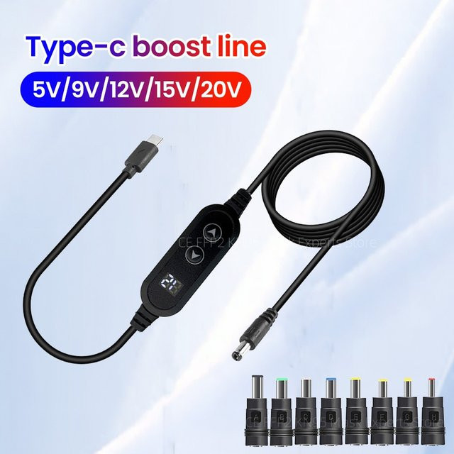 Olaf USB-C zu DC Power Boost Kabel Schwarz, Einstellbare Spannung 5V/9V/12V/15V/20V, 65W Schnellladekabel für Wifi Router - Bild 1