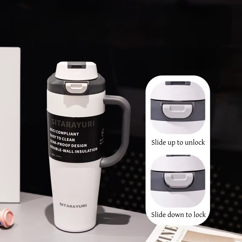 JUSTINLAU Thermosbecher aus Edelstahl in Grau, 1,2 l Vakuumflasche mit Strohhalm, Sprungdeckel und Griff - Bild 2