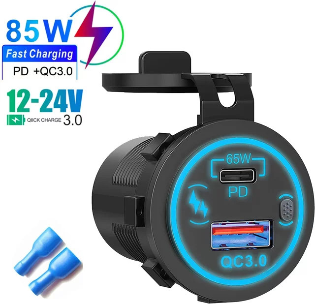 Velev 85W USB-Autoladegerät mit PD Typ C und QC 3.0, wasserdichtes Schnellladegerät in Schwarz für 12V 24V Auto, LKW und Boot - Bild 1