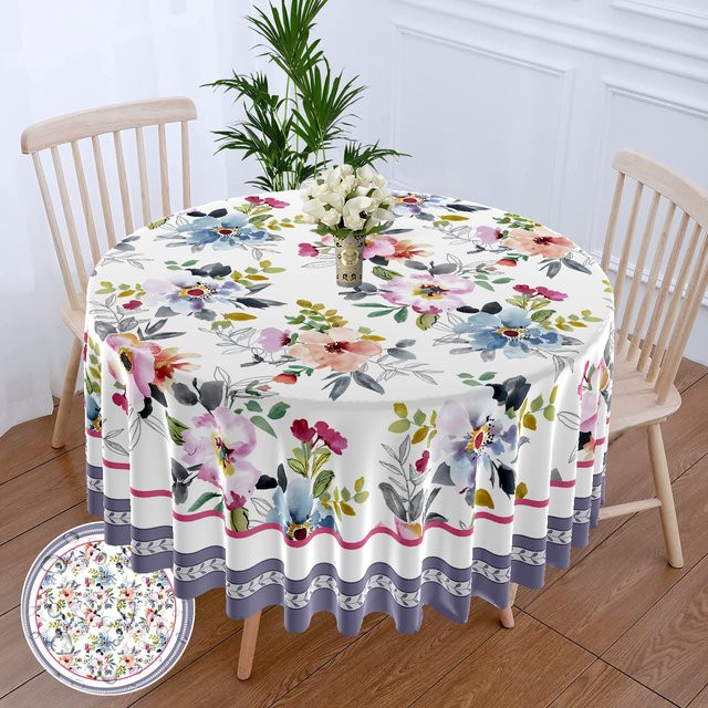 Wasserdichte runde Tischdecke mit lila Schmetterlings- und Blumenmuster für Terrasse und Esstisch, Durchmesser: 160 cm - Bild 1