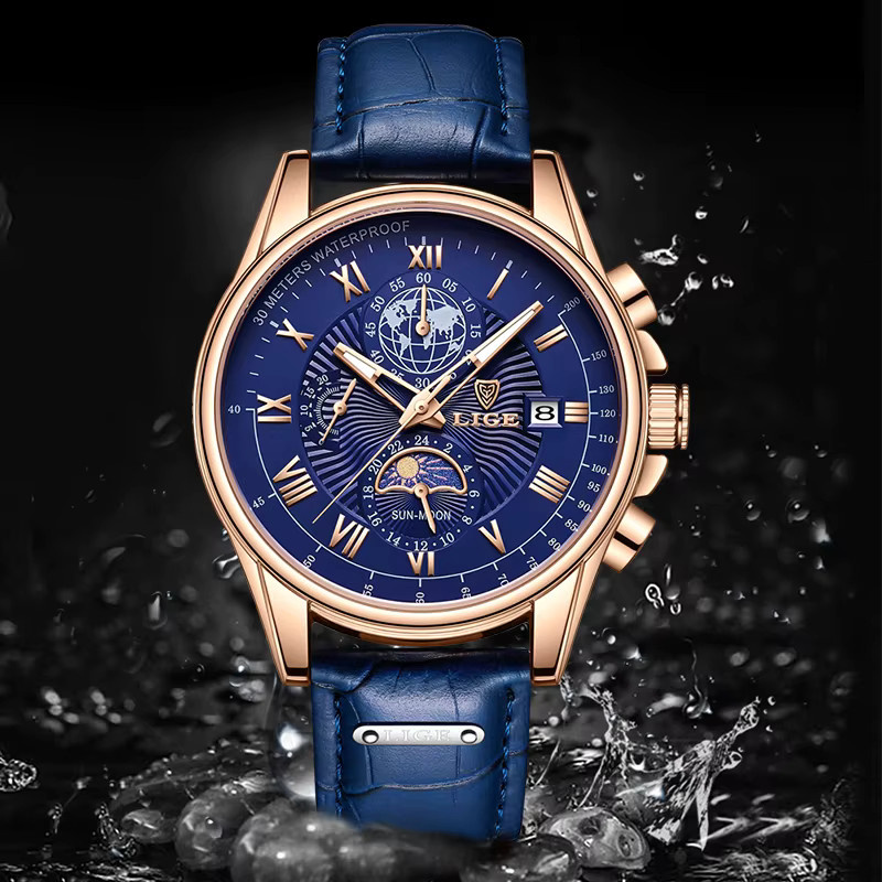 LIGE Armbanduhr Chronograph, Quarz, Edelstahl, Blau, Herren - Bild 4