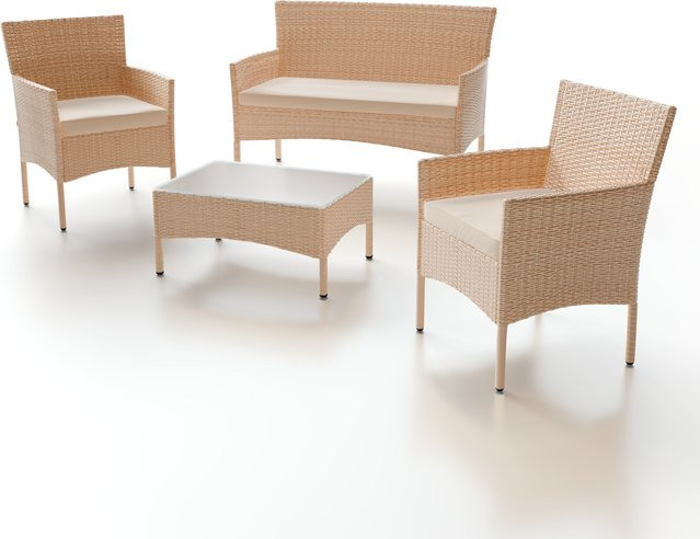 Juskys Polyrattan Gartenmöbel-Set Fort Myers in Creme mit Tisch, Sofa, 2 Sesseln und Auflagen in Sand - Bild 1