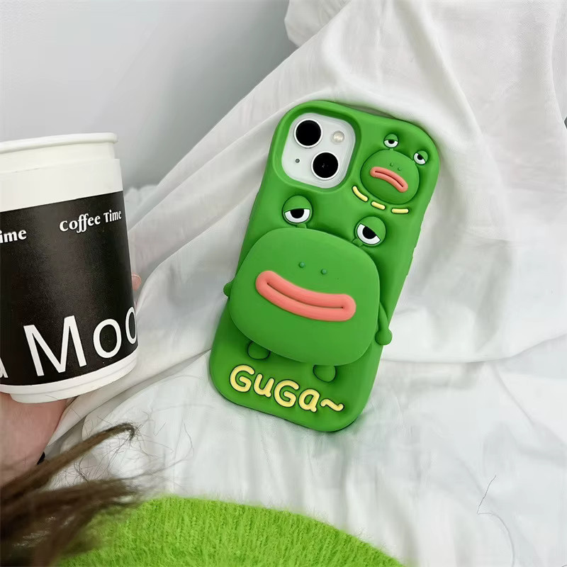 MUQGEW Silikon Handyhülle mit Frosch-Cartoon-Design und Teleskophalterung für iPhone 15, 14, 13, 12 Pro Max in Grün - Bild 2
