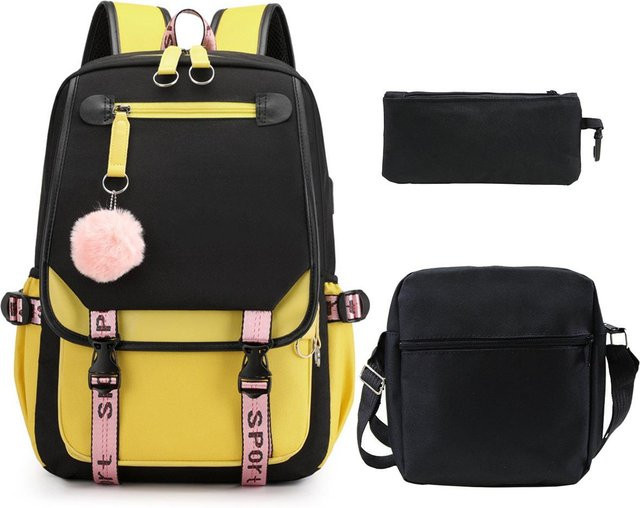 3-teiliges Schulrucksack-Set in Schwarz aus Oxford-Stoff mit großem Fassungsvermögen inklusive Federmäppchen und Schultergurt - Bild 1
