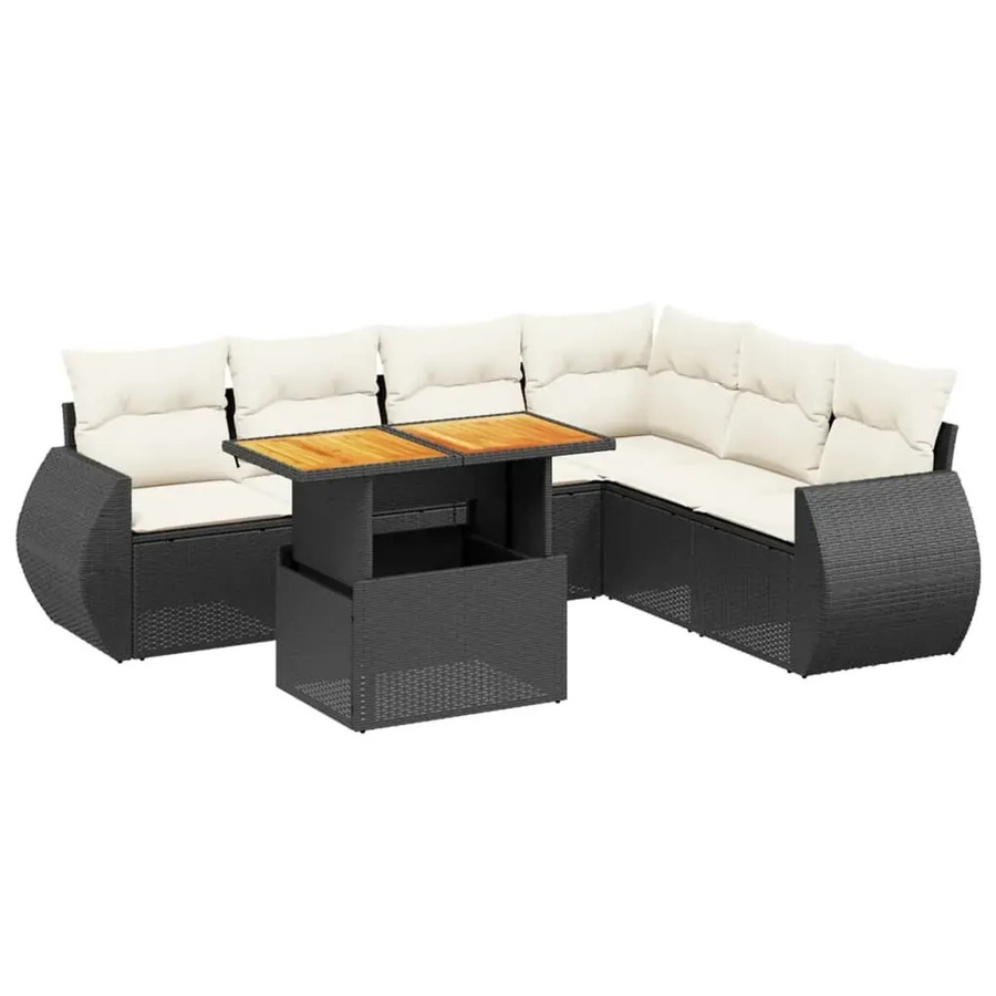 vidaXL 7-teilige L-Shape Garten-Sofagarnitur aus Poly-Rattan und Akazienholz in Schwarz mit Kissen - Bild 2