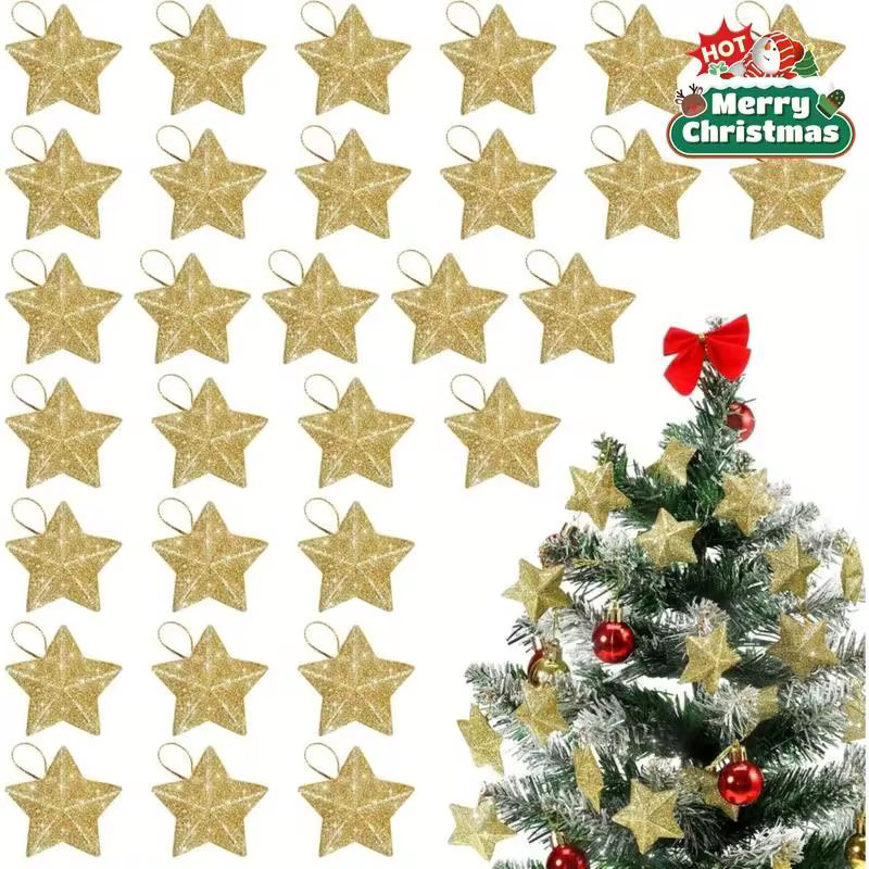 ZQNYCY Gold Glitzer Stern Ornamente als Weihnachtsbaum Hängeanhänger für Weihnachten, Silvester und Party, 12 Stück - Bild 2