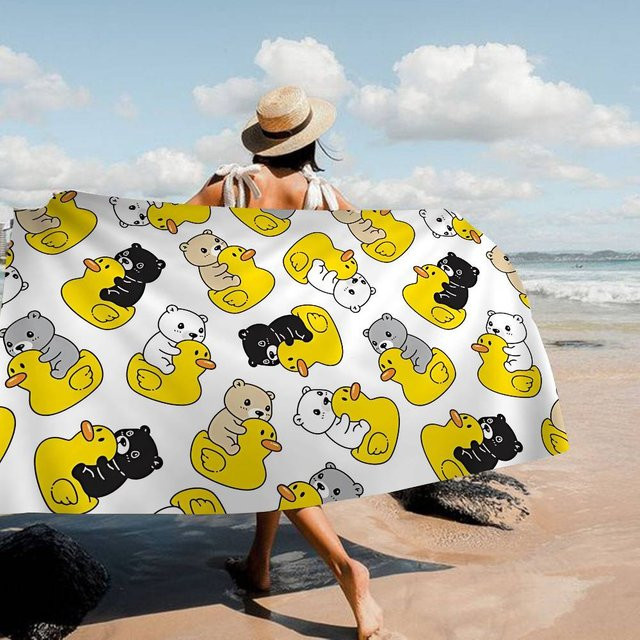 JMG Household Supplies Strandtuch mit gelbem Cartoon-Entenmuster aus Mikrofaser, weich und saugfähig, Farbe: Gelb/Weiß, B/H: 70 x 140 cm - Bild 1