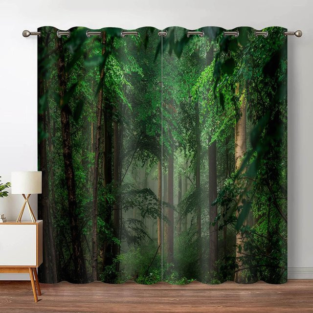 Verdunkelungsvorhänge mit Naturmotiv Wald und Wasserfall, Zweiteiliges Set in Grün, B: 50 cm x H: 130 cm pro Panel - Bild 1