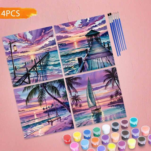 HUACAN Diy Ölgemälde Nach Zahlen, Meer Landschaft, 4-teiliges Set, Leinwand - Bild 1