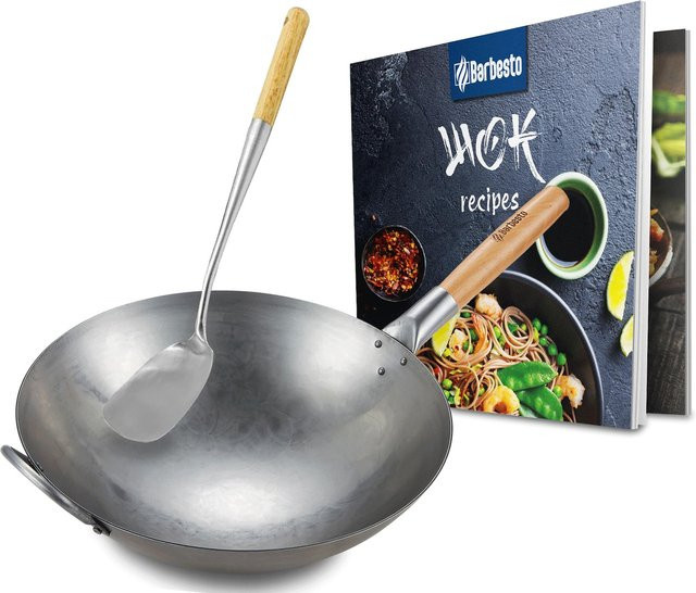 CLP Wok-Set aus Karbonstahl mit Holzgriff für Gas, Induktion und Grill inklusive Rezeptbuch und Wokwender - Bild 1