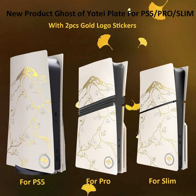 JazPlate Yotei Shell Ghost Frontplatte Ersatz für PlayStation 5, PS5 Pro und PS5 Slim Disc in Weiß mit Gold Logo Aufkleber - Bild 1