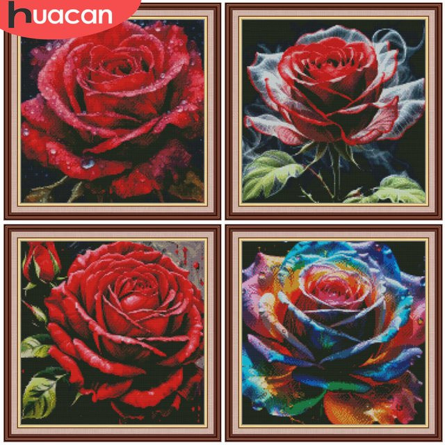 HUACAN Kreuzstich-Set mit rosaroten Blumen und floralem DMC-Garn für deine Stickerei und Wanddekoration - Bild 1