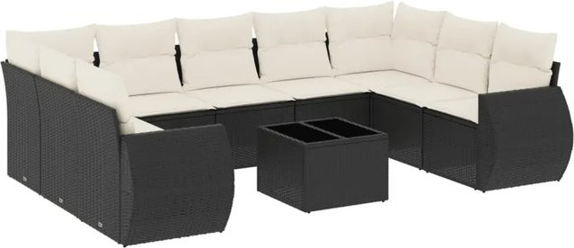 vidaXL 10-tlg Garten-Sofagarnitur in L-Form aus Poly-Rattan und pulverbeschichtetem Stahl mit Kissen in Schwarz - Bild 1