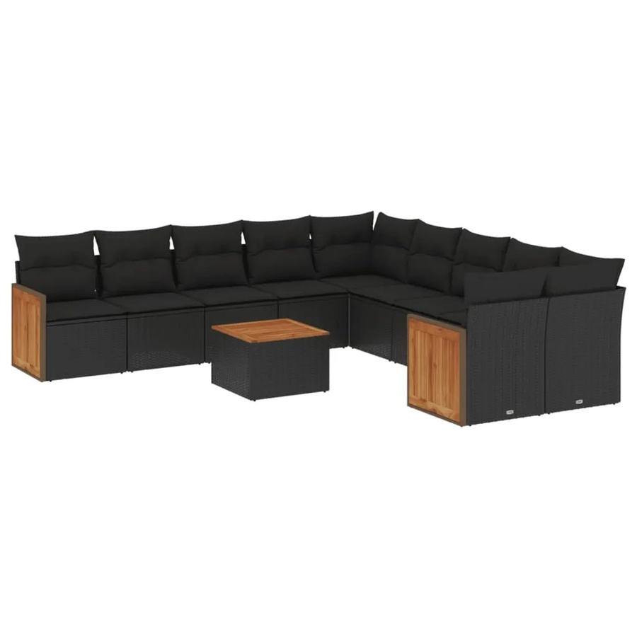 vidaXL 11-tlg. Garten-Sofagarnitur in U-Form aus Poly-Rattan und Akazienholz mit Kissen, Schwarz - Bild 2