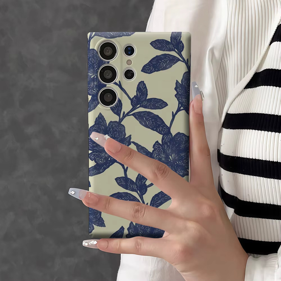 Glänzende Doppelschicht-Handyhülle mit Tintenblumenranken für Samsung Galaxy S25 Ultra, S24 und S23 Ultra Plus in Blau - Bild 2