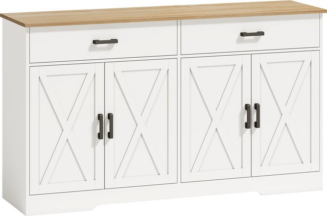 HOMCOM Sideboard Küchenschrank im Landhausstil mit 4 Türen und 2 Schubladen, Buffetschrank mit verstellbaren Regalen, Weiß, B/T/H: 140 x 38 x 81 cm - Bild 1