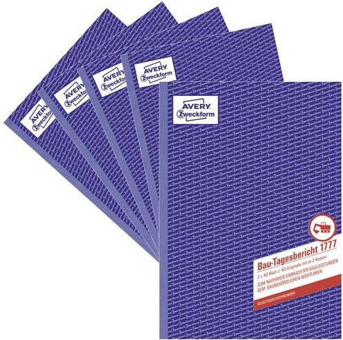 Avery Zweckform Bautagesbericht Formular 1777-5 DIN A4, 5 Bücher mit je 3 x 40 Blatt, FSC-Papier, weiß/gelb/rosa/blau - Bild 1