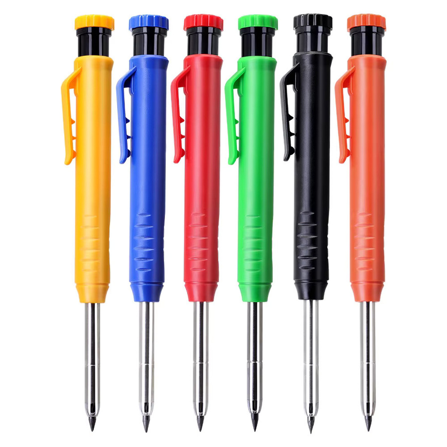JOMPENS Tiefloch-Tischlerbleistift-Set mit 2,8 mm Minen in Gelb und Multicolour für Holzbearbeitung und Markierungen, 9-teiliges Set bestehend aus 3 Stiften, 3 Minen und 3 Kappen - Bild 2