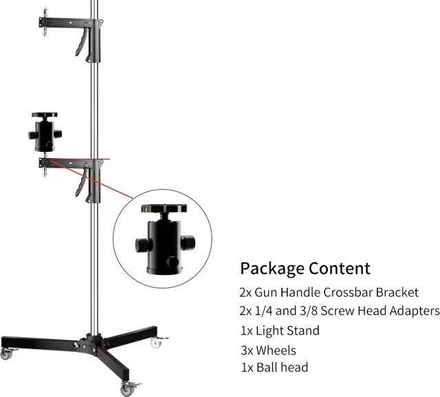 SH Faltbares Lichtstativ mit Rollen in Schwarz, verstellbar von 63 cm bis 190 cm, mit Pistolengriff und 1/4 und 3/8 Zoll Schraube für Studio-Blitzlicht, LED-Licht, Softbox und COB-Licht - Bild 1