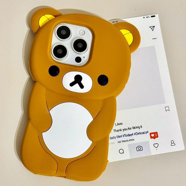 Rilakkuma Bär mit Brille 3D Cartoon Silikonhülle für Apple iPhone 16 15 14 13 12 Pro Max Plus XS in Braun - Bild 1