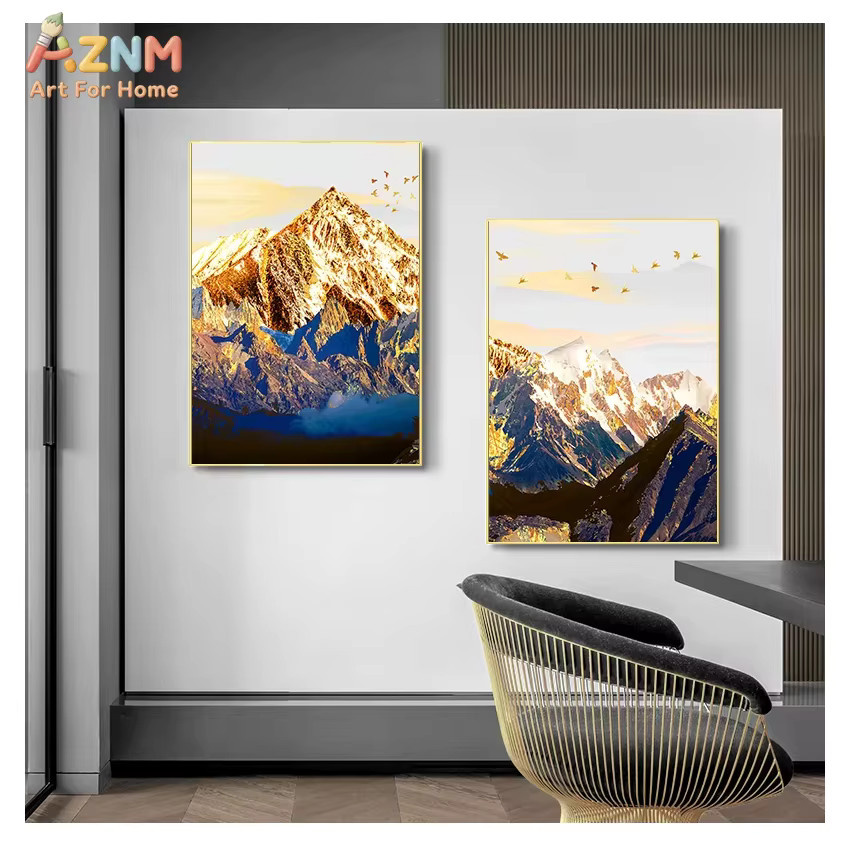 AZNM Leinwand-Wandkunst Golden Snow Mountain Flying Birds, moderner abstrakter Landschaftsdruck in Gold, ungerahmtes Leinwandgemälde für dein Wohnzimmer - Bild 3
