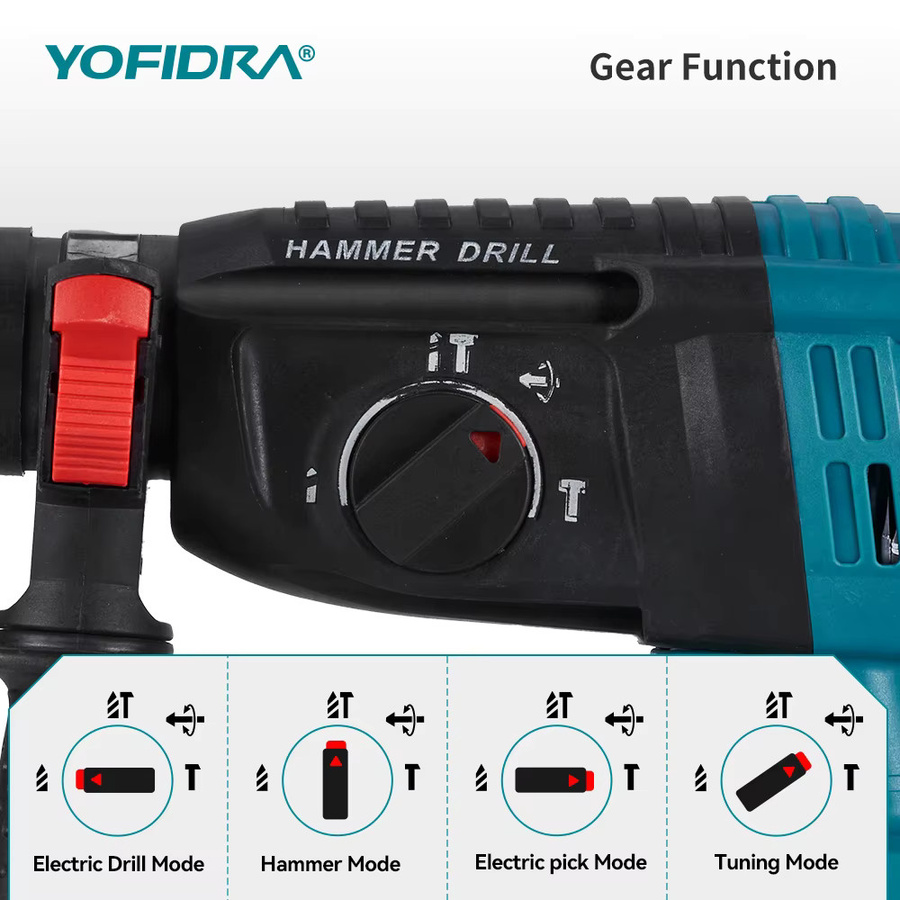 YOFIDRA Bürstenloser Elektro-Bohrhammer 26mm, kabelloser Multifunktions-Bohrhammer mit 21V Akku-Kompatibilität für Makita - Bild 4