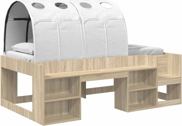 vidaXL Bettgestell mit Tunnel und Regal, 3-teilig, Sonoma-Eiche und Weiß, B/T/H: 90 x 190 x 118,5 cm - Bild 1