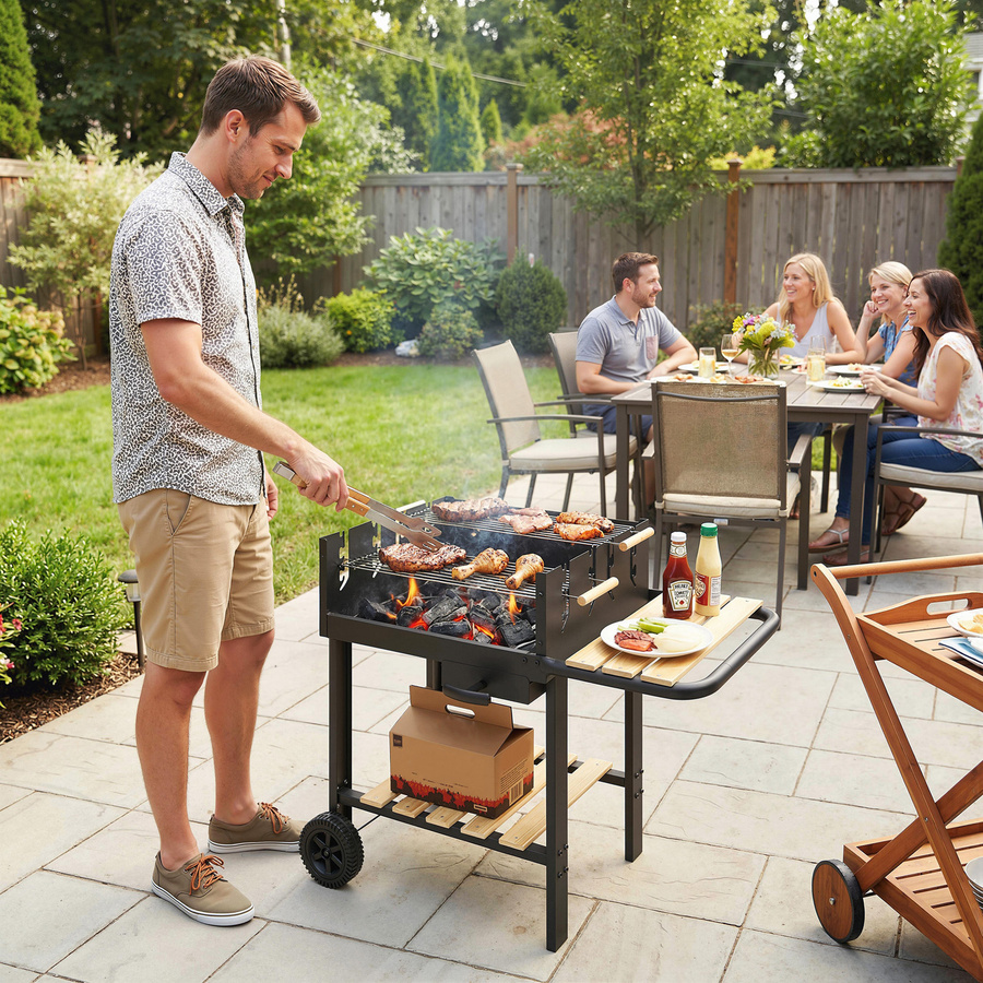 Outsunny Holzkohlegrill Grillwagen mit höhenverstellbarem Grillrost und 2 Holzablagen in Schwarz, B/H/T: 58 x 82 x 99,5 cm - Bild 5
