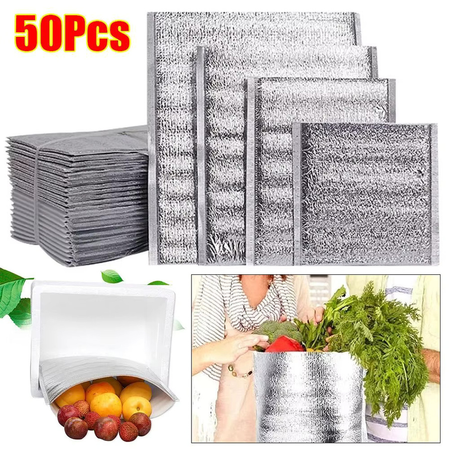 50er Paket Thermische Kühltaschen aus Aluminiumfolie in Silber zur Isolierung von Lebensmitteln und Getränken - Bild 2
