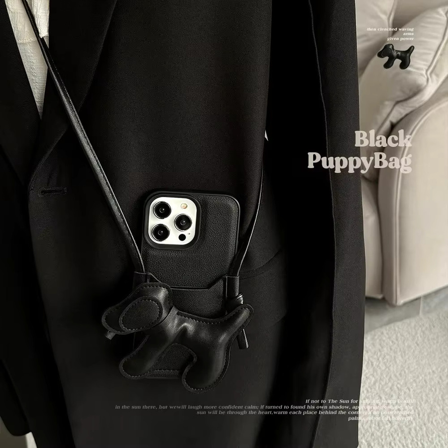 Potdemiel Luxuriöse Umhängetasche mit Lanyard-Halskette und Welpen-Kartenhalter aus Leder als stoßfeste Handyhülle für iPhone 11 bis iPhone 17 Pro Max in Schwarz - Bild 3