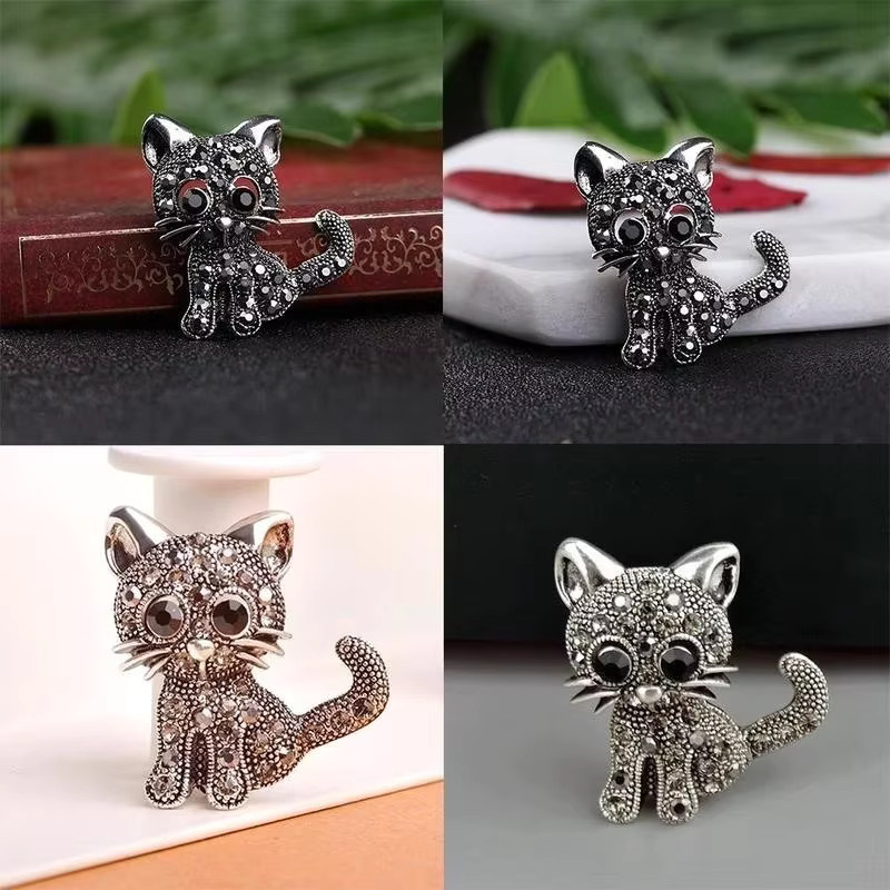 Katzen-Brosche, Silber, Kristall, Damen, Vintage - Bild 3