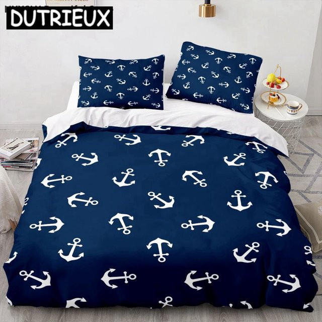 Nautisches Bettwäsche-Set mit Schiffsanker-3D-Design von jinmeige in Blau, bestehend aus Bettbezug und Kissenbezügen aus Polyester, B/H: 210 x 210 cm - Bild 1