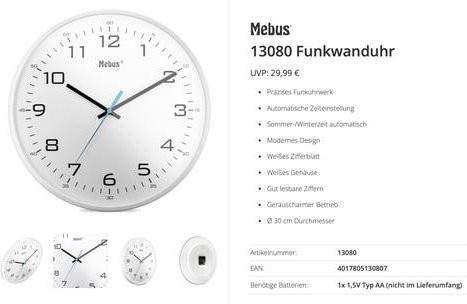 Mebus Funkuhr, 30 cm, Weiß, Leisegang-Uhrwerk, Unisex - Bild 1