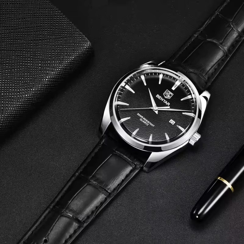Benyar Armbanduhr, Quarz, Leder, Edelstahl, Schwarz, Herren - Bild 2