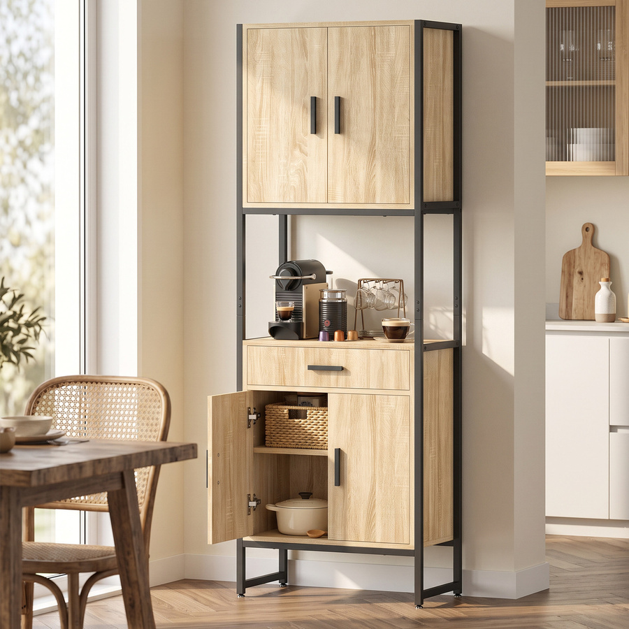 Aosom HOMCOM Hochschrank im Industriestil mit 4 Soft-Close-Türen und Schublade, Küchenschrank und Geschirrschrank in Naturholz, B/T/H: 60 x 30 x 170 cm - Bild 2
